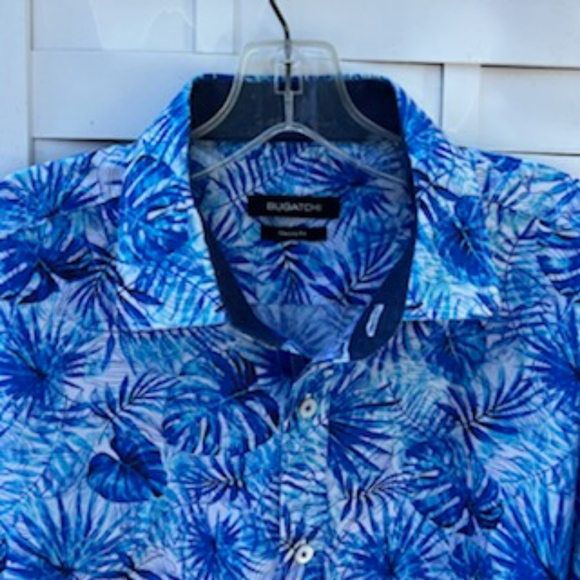 BUGATCHI CLASSIC FIT BUTTON FLIP CUFF BLUE PALM LEAVES SHIRT LARGE - Picture 15 of 16